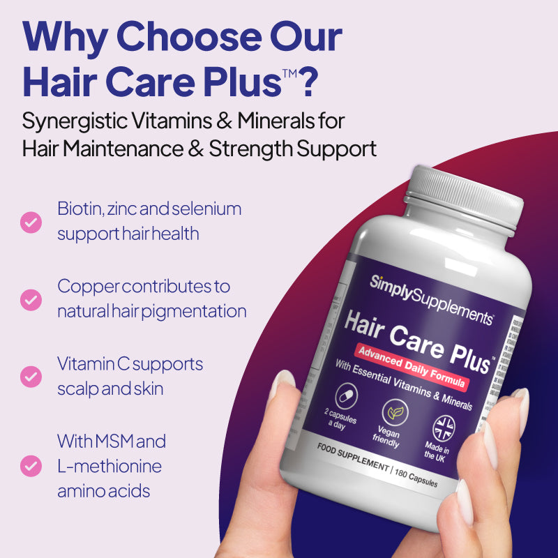 Promotional graphic for Simply Supplements Hair Care Plus showing a bottle held in hand, with text highlighting biotin, zinc and selenium for hair health, copper for natural hair pigmentation, vitamin C for scalp and skin support, and MSM with L-methionine amino acids.