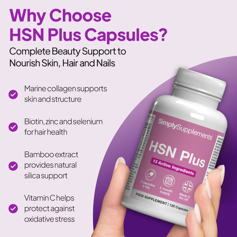 Simply Supplements HSN Plus capsules graphic highlighting marine collagen for skin structure, biotin zinc and selenium for hair health, bamboo extract for silica support and vitamin C for oxidative stress protection.