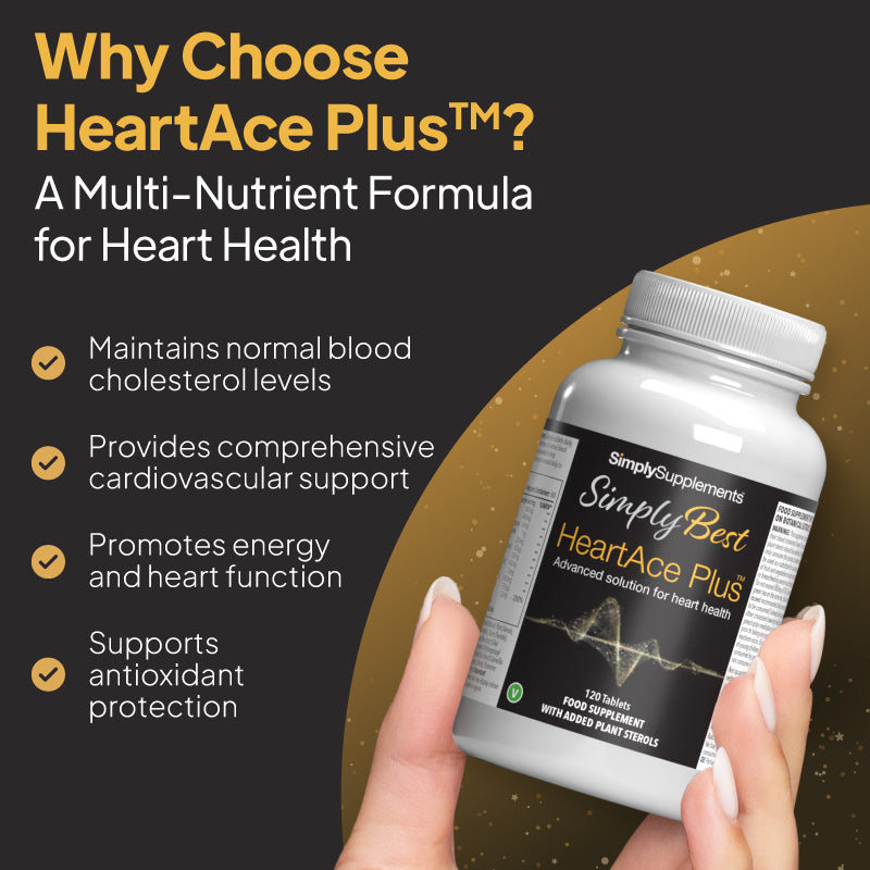 Simply Supplements Simply Best HeartAce Plus, highlighting support for normal cholesterol levels, cardiovascular health, energy and heart function, and antioxidant protection