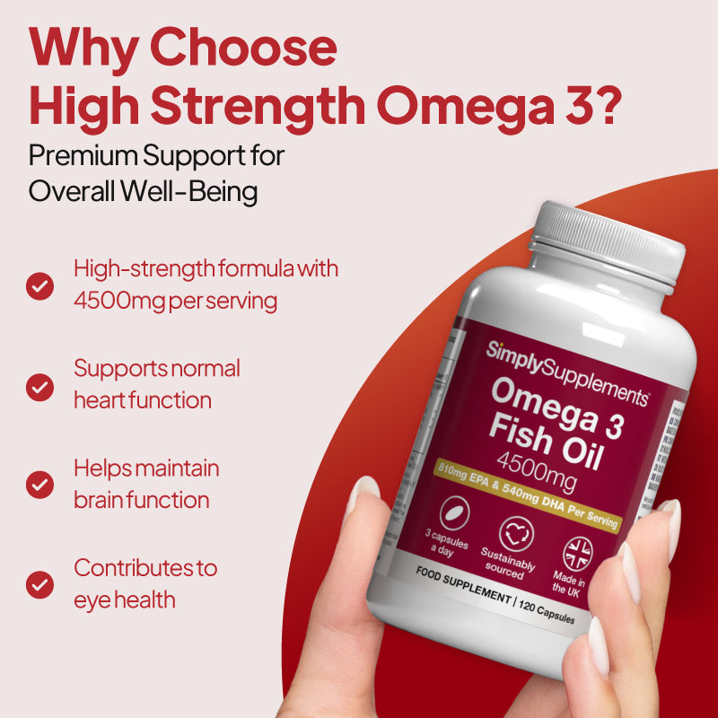 High strength Omega 3 Fish Oil supplement benefits image showing a hand holding Simply Supplements Omega 3 Fish Oil 4500mg, highlighting 4500mg per serving, support for normal heart function, brain function, and eye health