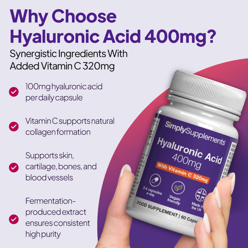 Simply Supplements Hyaluronic Acid 400mg  100mg hyaluronic acid supports skin, cartilage, bone and blood vessels.