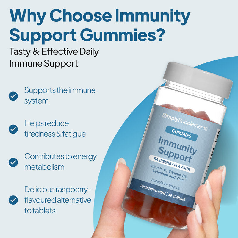 Immunity Support gummies benefits image showing a hand holding Simply Supplements raspberry flavour gummies, highlighting immune system support, reduced tiredness and fatigue, energy metabolism, and a tasty alternative to tablets