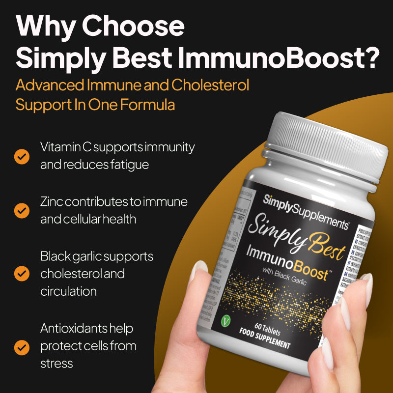 Promotional graphic for Simply Supplements Simply Best ImmunoBoost showing a bottle held in hand, with text highlighting vitamin C for immunity and fatigue reduction, zinc for immune and cellular health, black garlic for cholesterol and circulation support, and antioxidants that help protect cells from stress.