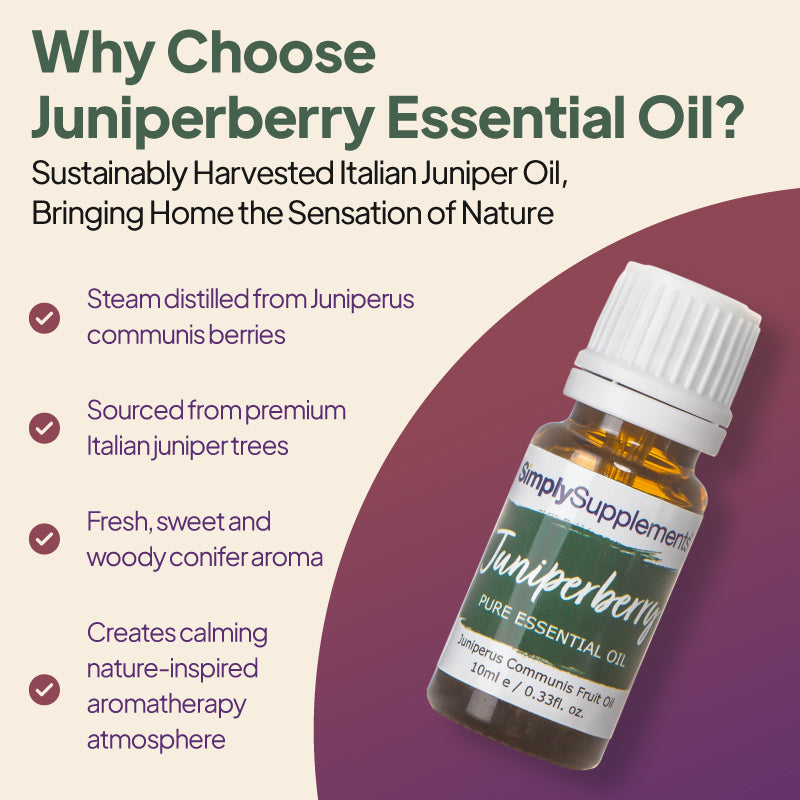 Simply Supplements Juniperberry essential oil graphic highlighting steam-distilled Juniperus communis berries, premium Italian juniper sourcing, fresh sweet woody conifer aroma and calming nature-inspired aromatherapy.
