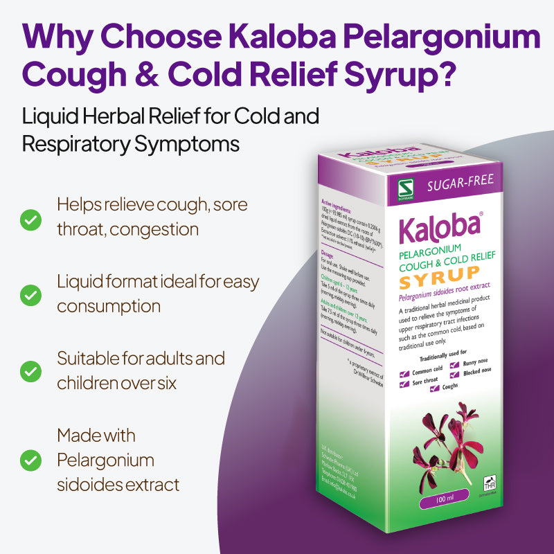: Product feature graphic for Kaloba Pelargonium Cough & Cold Relief Syrup, showing the product box against a pale background with a curved purple-grey shape, under the heading “Why Choose Kaloba Pelargonium Cough & Cold Relief Syrup?” and bullet points highlighting relief for cough, sore throat, and congestion, a liquid format for easy consumption, suitability for adults and children over six, and Pelargonium sidoides extract.