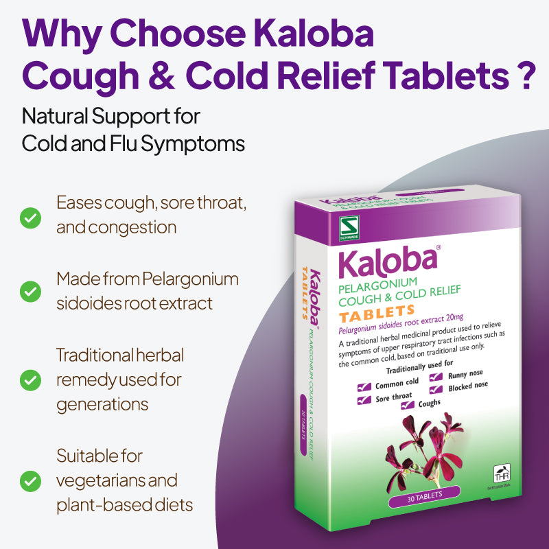Product feature graphic for Kaloba Pelargonium Cough & Cold Relief Tablets, showing the medicine box against a pale background with a curved purple-grey shape, under the heading “Why Choose Kaloba Cough & Cold Relief Tablets?” and bullet points noting relief for cough, sore throat and congestion, use of Pelargonium sidoides root extract, traditional herbal use over generations, and suitability for vegetarians and plant-based diets.