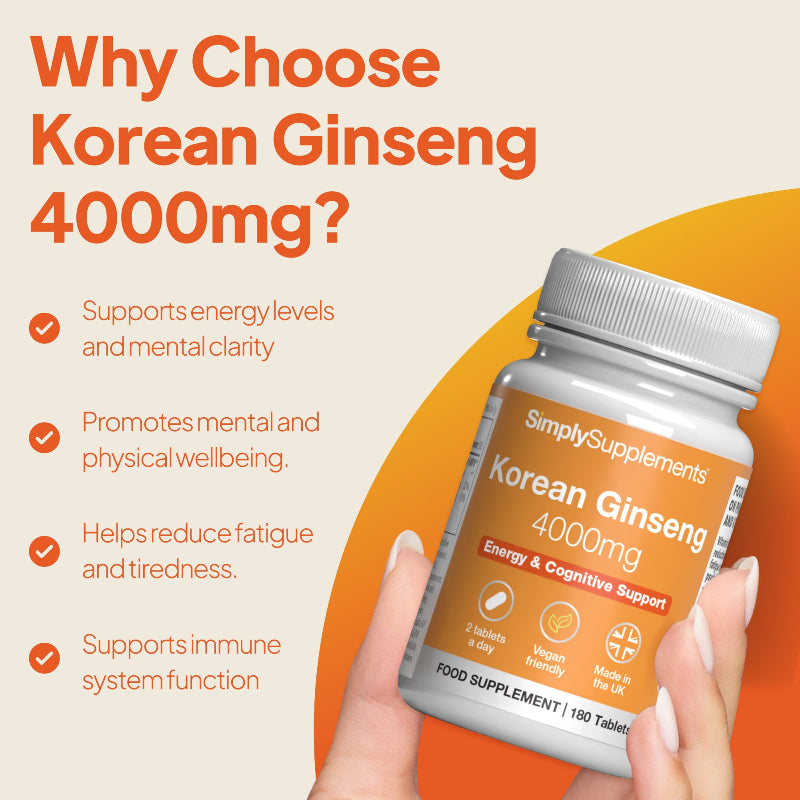 Korean Ginseng supports energy levels and metal clarity, promotes mental and physical wellbeing and helps reduce fatigue and tiredness.