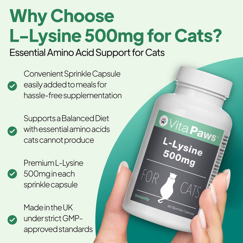 VitaPaws L-Lysine 500mg supplement for cats with easy-to-use sprinkle capsules for daily essential amino acid support