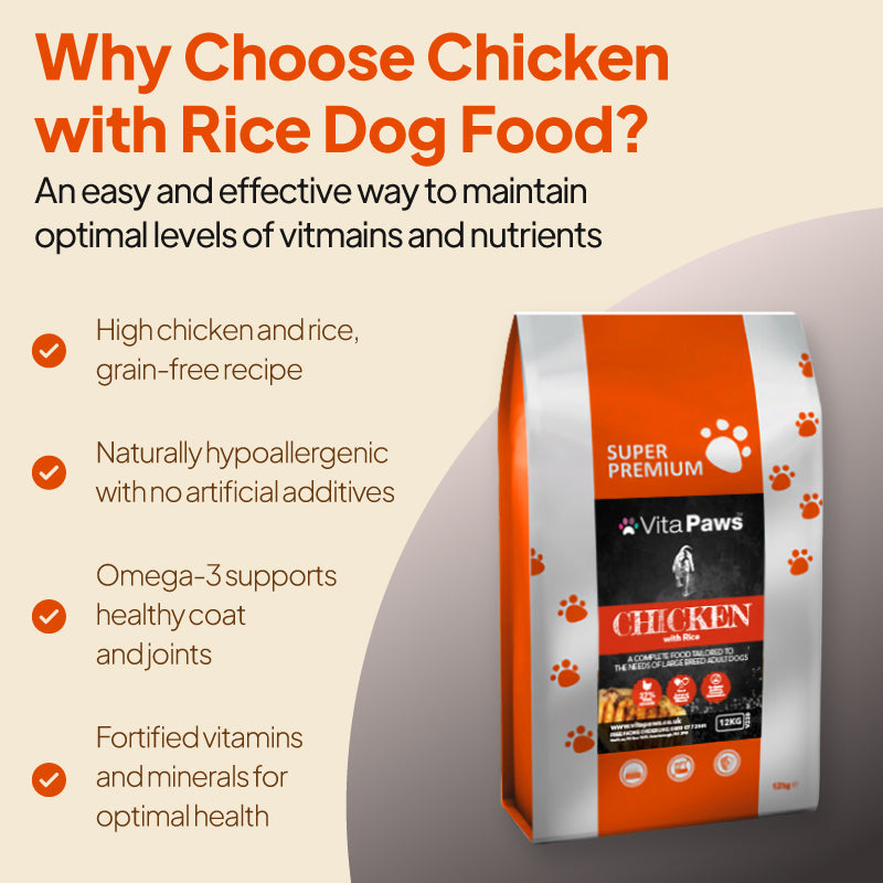 VitaPaws Chicken with Rice dog food for large breed adult dogs with chicken, rice, omega-3 and added vitamins and minerals for complete daily nutrition