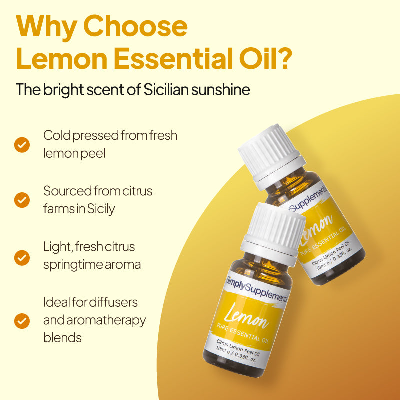 Simply Supplements Lemon essential oil graphic highlighting cold-pressed fresh lemon peel, Sicilian citrus farm sourcing, light fresh citrus aroma and suitability for diffusers and aromatherapy blends.