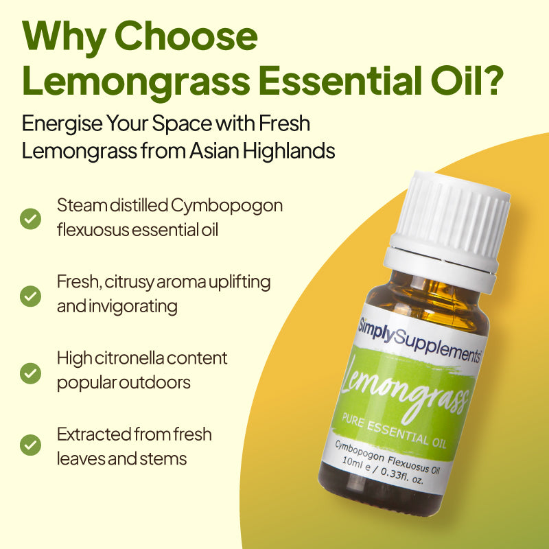 Simply Supplements Lemongrass essential oil graphic highlighting steam-distilled Cymbopogon flexuosus essential oil, fresh citrus aroma, high citronella content and extraction from fresh leaves and stems.