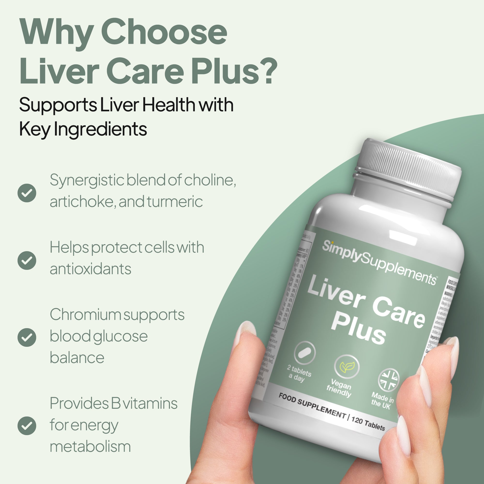 Liver Care Plus includes chromium to support blood glucose balance and B vitamins for energy and metabolism.