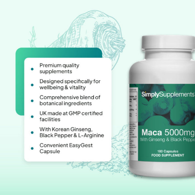 Product feature graphic for Simply Supplements Maca 5000mg with Ginseng and Black Pepper, showing a close-up of the bottle on a pale background with a white information panel listing premium quality supplements, design for wellbeing and vitality, a comprehensive blend of botanical ingredients, UK manufacture at GMP-certified facilities, Korean ginseng, black pepper and L-arginine, and convenient EasyGest capsules.
