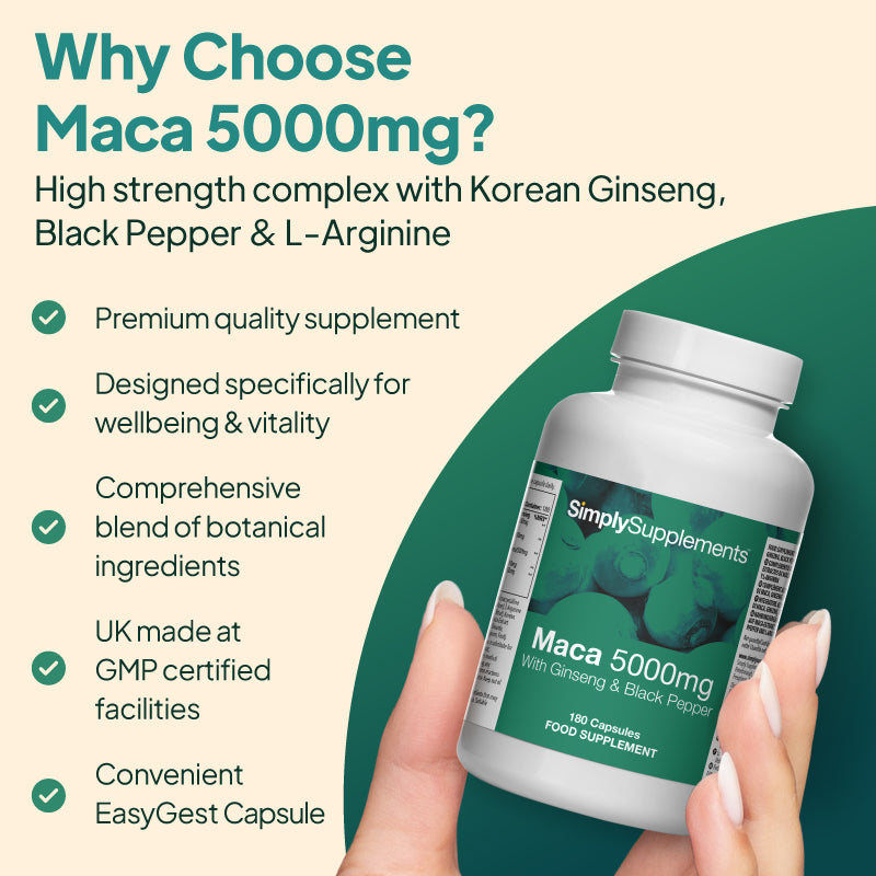 Product feature graphic for Simply Supplements Maca 5000mg with Ginseng and Black Pepper, showing a close-up of the bottle on a pale background with a white information panel listing premium quality supplements, design for wellbeing and vitality, a comprehensive blend of botanical ingredients, UK manufacture at GMP-certified facilities, Korean ginseng, black pepper and L-arginine, and convenient EasyGest capsules.