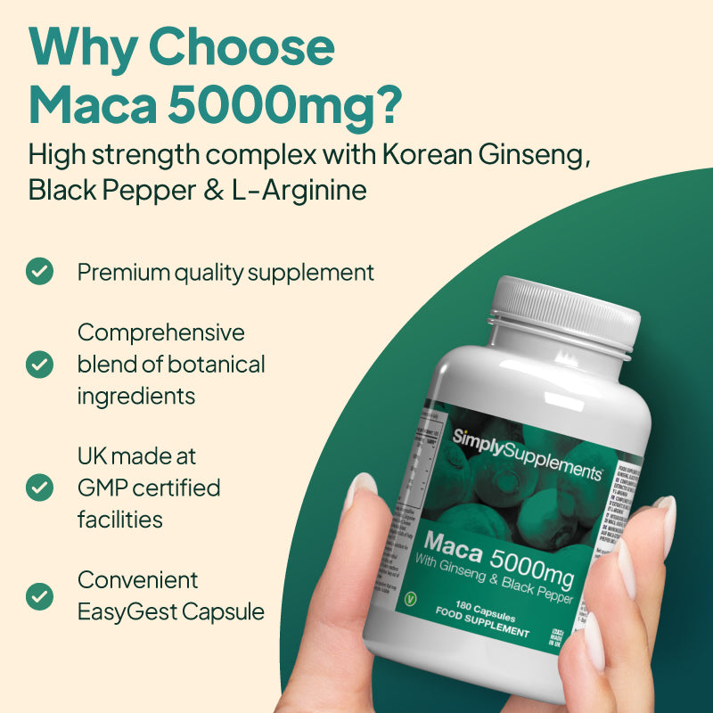 Product feature graphic for Simply Supplements Maca 5000mg with Ginseng and Black Pepper, showing a close-up of the bottle on a pale background with a white information panel listing premium quality supplements, design for wellbeing and vitality, a comprehensive blend of botanical ingredients, UK manufacture at GMP-certified facilities, Korean ginseng, black pepper and L-arginine, and convenient EasyGest capsules.
