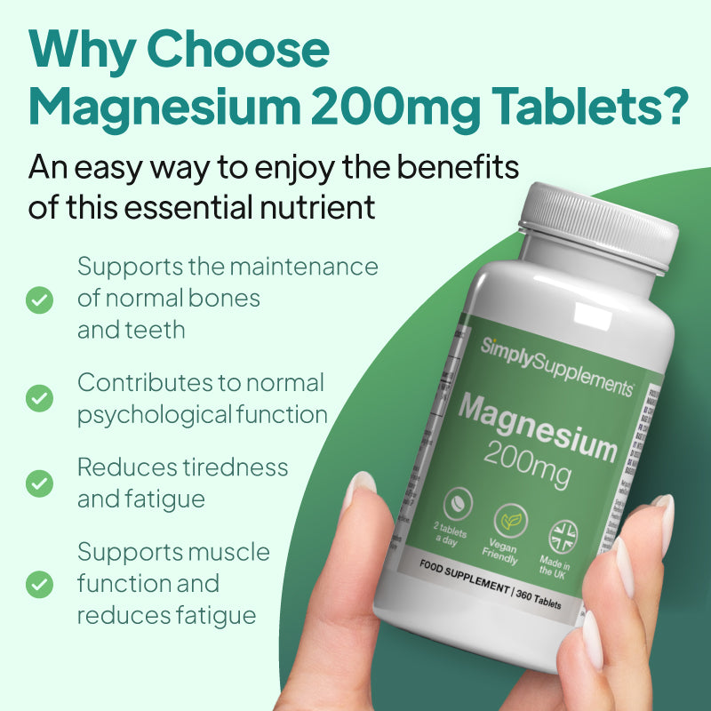 Magnesium 200mg supports the maintenance of normal bones and teeth, contribute to normal psychological function and reduces tiredness and fatigue