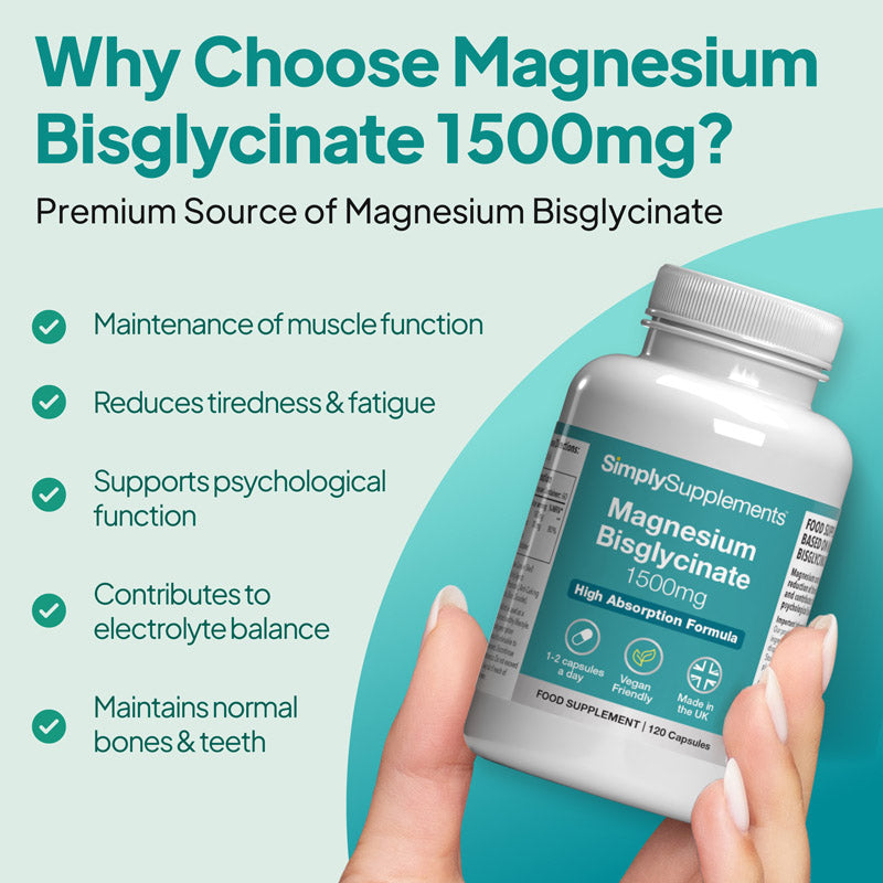 Product infographic for Simply Supplements Magnesium Bisglycinate 1500mg with a bottle held in hand beside text highlighting support for muscle function, reduced tiredness and fatigue, psychological function, electrolyte balance, and maintenance of normal bones and teeth.