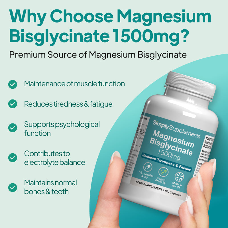 Product infographic for Simply Supplements Magnesium Bisglycinate 1500mg with a bottle held in hand beside text highlighting support for muscle function, reduced tiredness and fatigue, psychological function, electrolyte balance, and maintenance of normal bones and teeth.