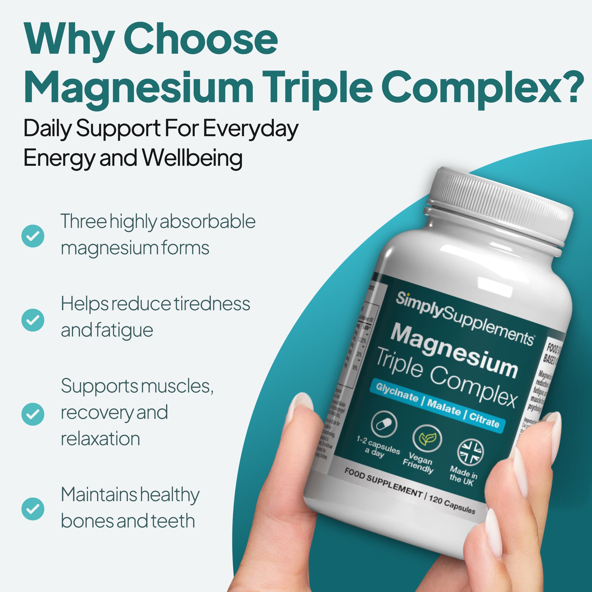 Supplement bottle labeled 'Magnesium Triple Complex' held by a hand with promotional text on a light blue background.