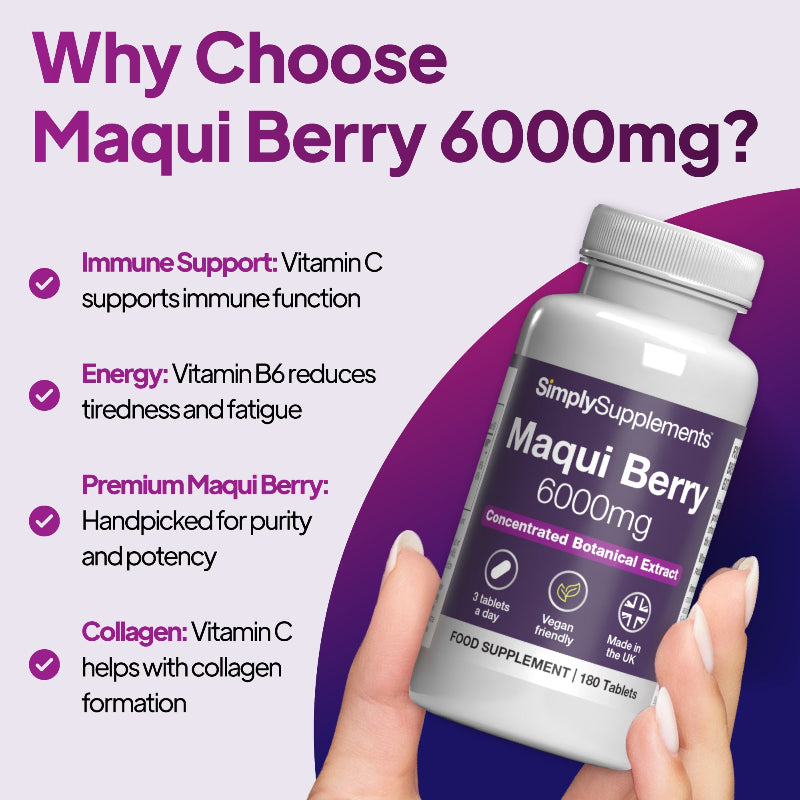Simpluy Suppements Maqui Berry Tablets 6,000mg supports immune function and helps reduce tiredness and fatigue.
