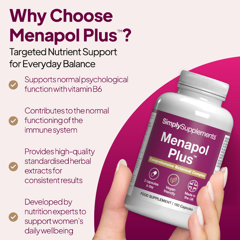 Simply Supplements Menapol Plus supports normal psychological function with vitamin B6 and contributes to the normal functioning of the immune system
