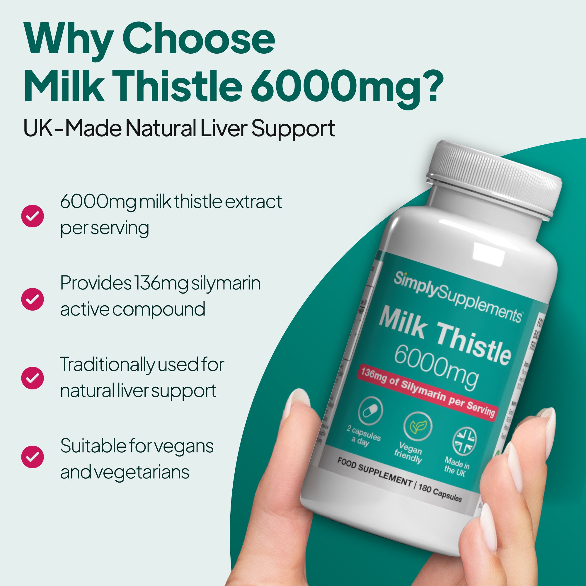Promotional graphic for Simply Supplements Milk Thistle 6000mg showing a bottle held in hand, with text highlighting 6000mg milk thistle extract per serving, 136mg silymarin active compound, traditional use for natural liver support, and suitability for vegans and vegetarians.