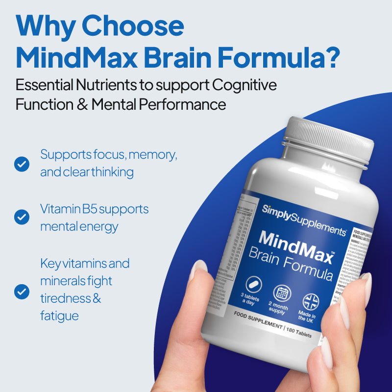 Simply Supplements MindMax Brain Formula image highlighting support for focus, memory, clear thinking, mental energy, and reduced tiredness and fatigue.