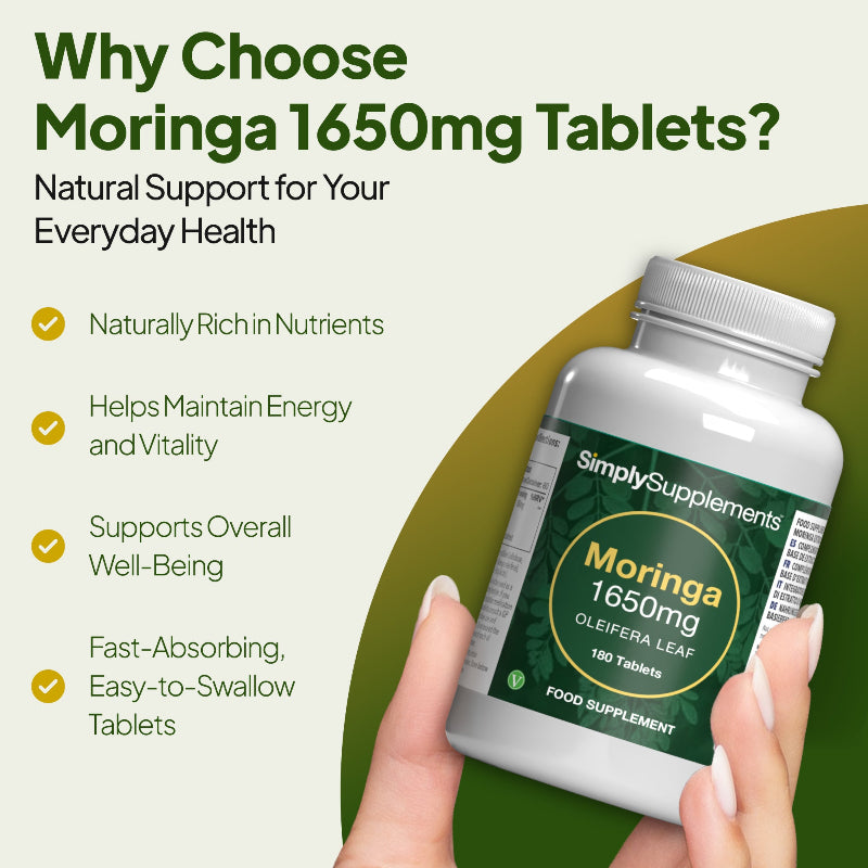 Simply Supplements Moringa 1650mg tablets graphic highlighting nutrient-rich moringa leaf support for everyday health, energy, vitality, overall wellbeing and easy-to-swallow tablets.