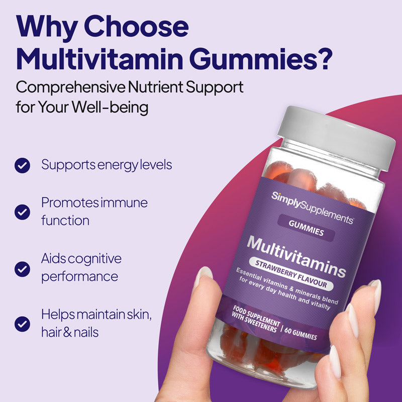 Multivitamin gummies benefits image showing a hand holding SimplySupplements strawberry flavour multivitamin gummies, highlighting support for energy levels, immune function, cognitive performance, and healthy skin, hair and nails