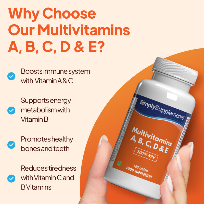 Product infographic for Simply Supplements Multivitamins A, B, C, D & E with a bottle held in hand beside text highlighting immune support from vitamins A and C, energy metabolism support from vitamin B, healthy bones and teeth support, and reduced tiredness with vitamin C and B vitamins.