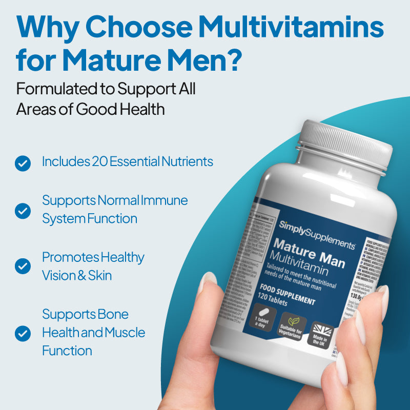 Multivitamins for Mature Men helps support normal immune system function, bone health & muscle function.