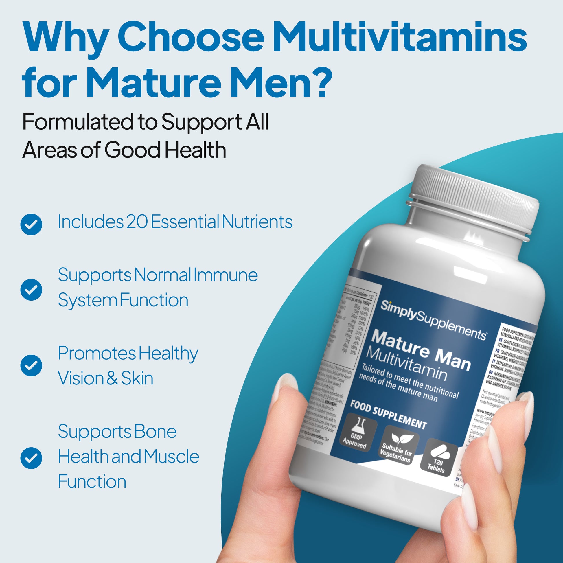 Multivitamins for Mature Men helps support normal immune system function, bone health & muscle function.