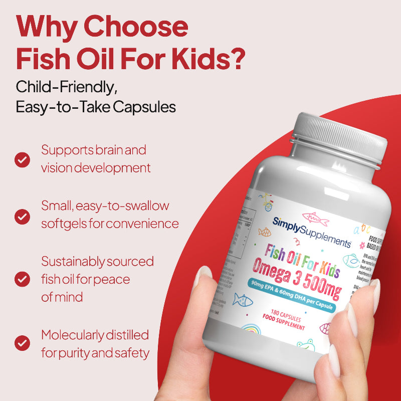 Omega 3 for Kids 500mg supports brain and vision development.