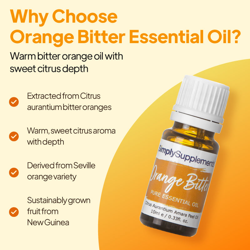 Simply Supplements Orange Bitter essential oil graphic highlighting Citrus aurantium bitter orange extraction, warm sweet citrus aroma, Seville orange variety and sustainably grown fruit from New Guinea.