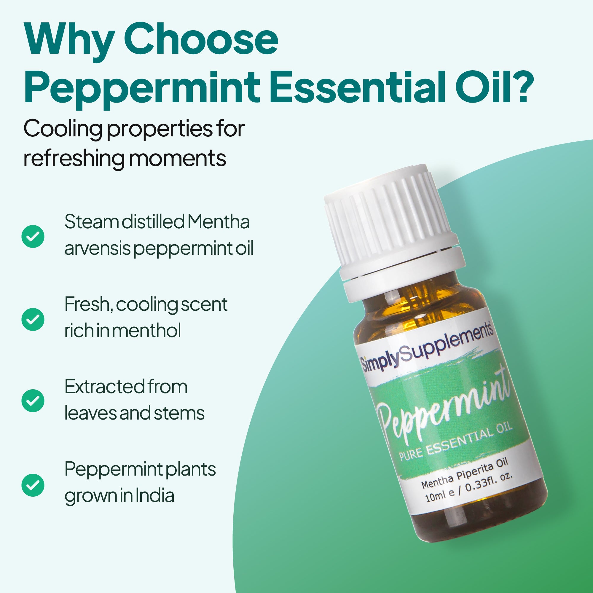 Simply Supplements Peppermint essential oil graphic highlighting steam-distilled Mentha arvensis peppermint oil, fresh cooling menthol-rich scent, extraction from leaves and stems, and peppermint plants grown in India.