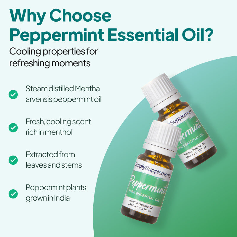 Simply Supplements Peppermint essential oil graphic highlighting steam-distilled Mentha arvensis peppermint oil, fresh cooling menthol-rich scent, extraction from leaves and stems, and peppermint plants grown in India.