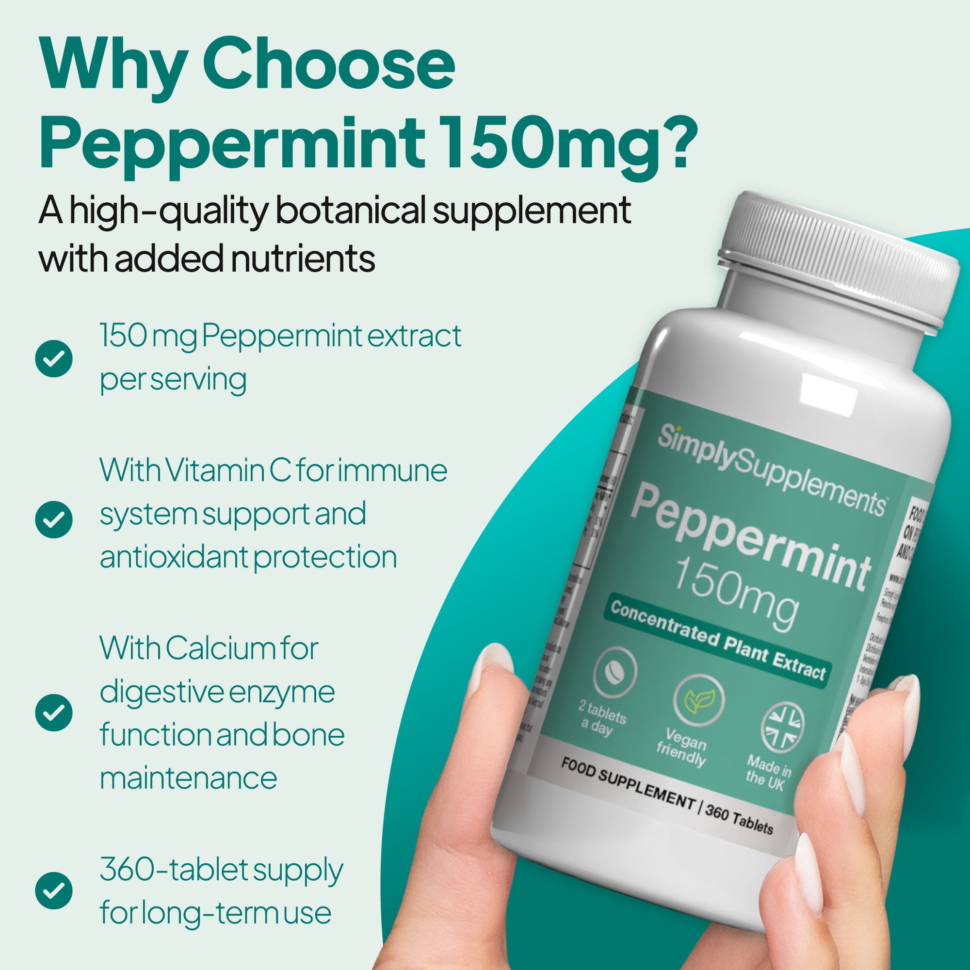 Peppermint is a high-quality botanical supplement with add vitamin c for immune system support and calcium for digestive ezyme function.