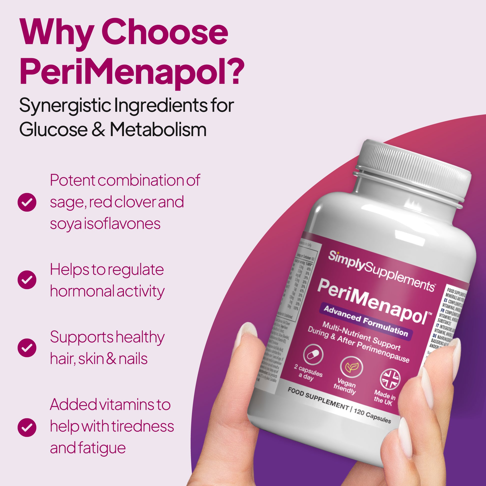 Simply Supplements PeriMenapol, helps regulate hormonal activity and healthy hair, skins & nails