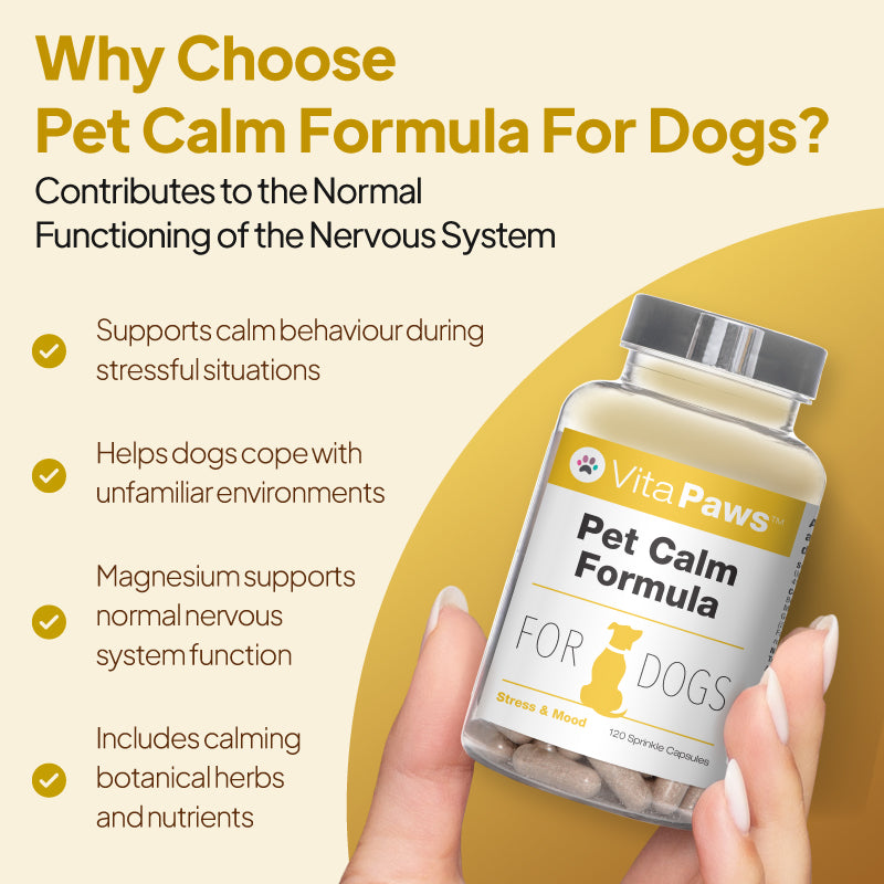 VitaPaws Pet Calm Formula for dogs with magnesium, calming herbs and nutrients to support calm behaviour and normal nervous system function