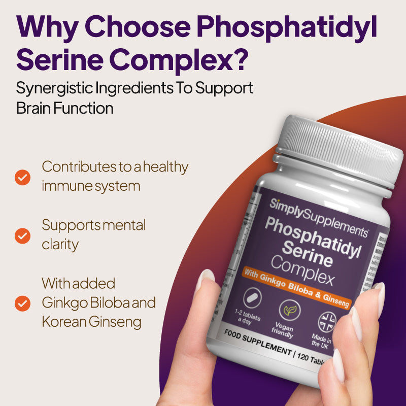 Product feature graphic for Simply Supplements Phosphatidyl Serine Complex, showing a close-up of the bottle with ginkgo leaves, ginseng root and soybeans, alongside a checklist noting premium quality, active ginkgo biloba and ginseng, suitability for vegans, brain function support, and general wellbeing benefits.