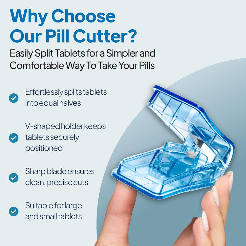 Product feature graphic for a blue pill cutter, showing the open cutter held between fingers against a pale background with a curved blue-grey shape, under the heading “Why Choose Our Pill Cutter?” and bullet points highlighting even tablet splitting, a V-shaped holder to keep tablets securely positioned, a sharp blade for clean precise cuts, and suitability for both large and small tablets.