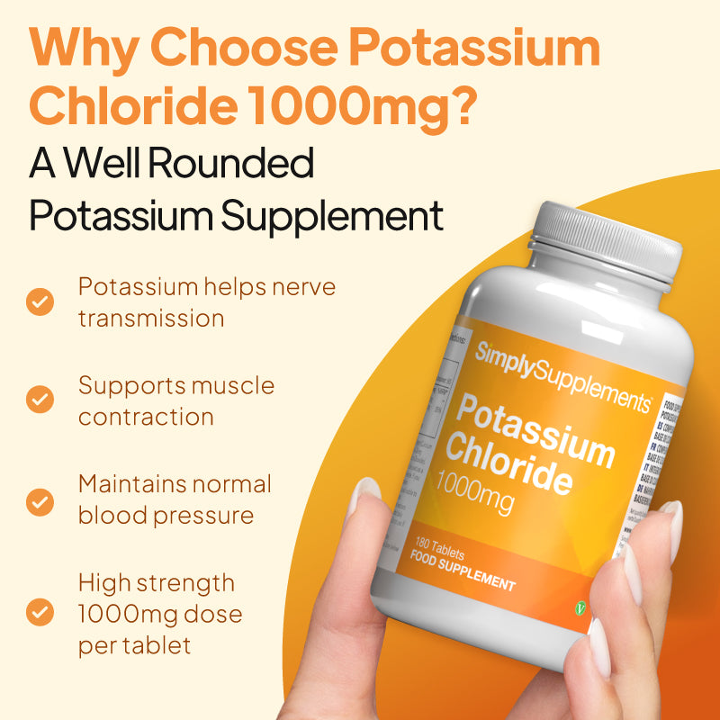 Simply Supplements Potassium Chloride 1000mg graphic highlighting potassium support for nerve transmission, muscle contraction, maintenance of normal blood pressure, and a high-strength 1000mg dose per tablet.