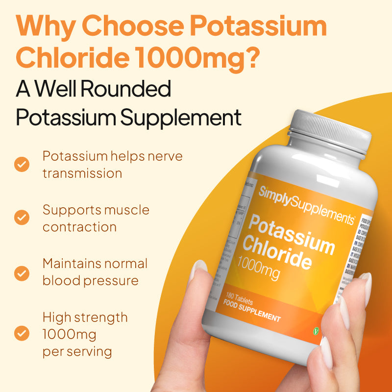 Simply Supplements Potassium Chloride 1000mg graphic highlighting potassium support for nerve transmission, muscle contraction, maintenance of normal blood pressure, and a high-strength 1000mg dose per tablet.
