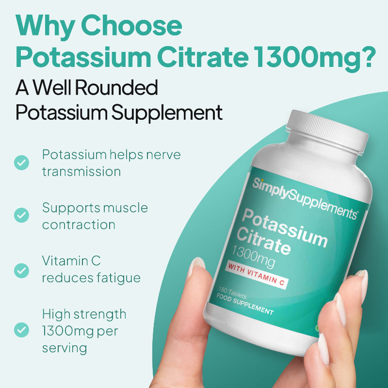 Simply Supplements Potassium Citrate 1300mg supplement graphic highlighting potassium support for nerve transmission, muscle contraction, reduced fatigue from vitamin C and high-strength daily nutrition.