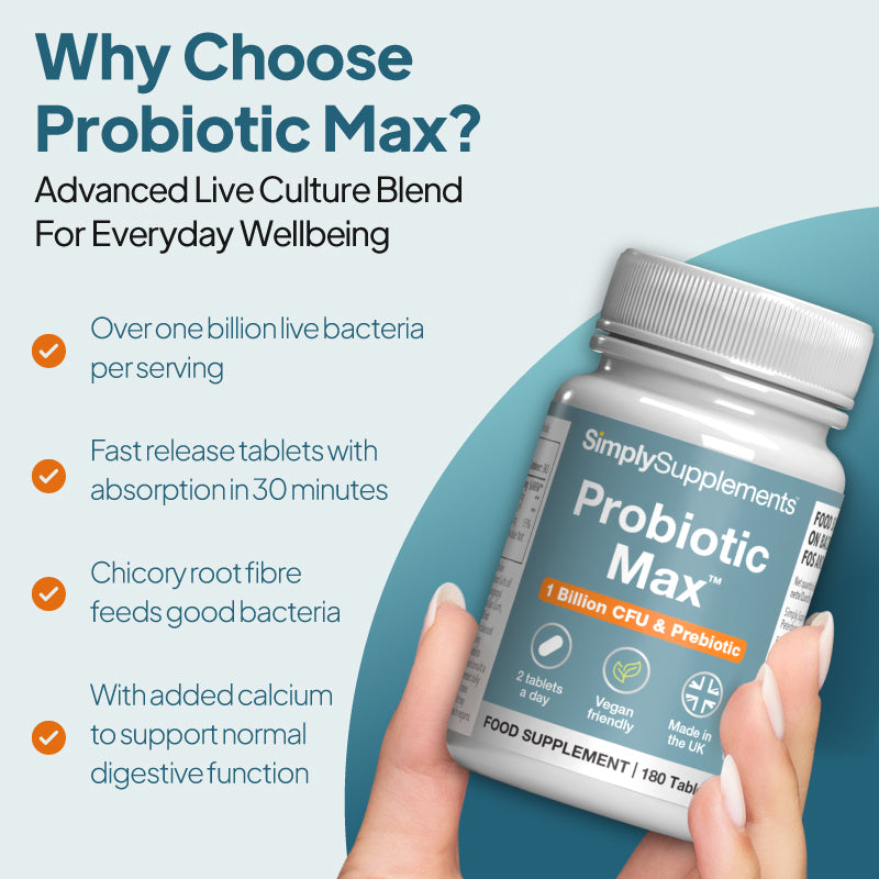 Simply Supplements Probiotic Max supplement graphic highlighting over 1 billion live bacteria per serving, dual-action formula, chicory root fibre and calcium for normal digestive function.