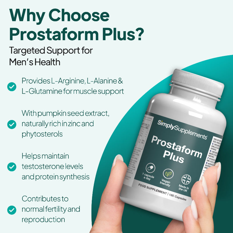 Simply Supplements Prostaform Plus targeted men’s health supplement graphic showing L-arginine, L-alanine, L-glutamine, pumpkin seed extract, testosterone support and fertility support.