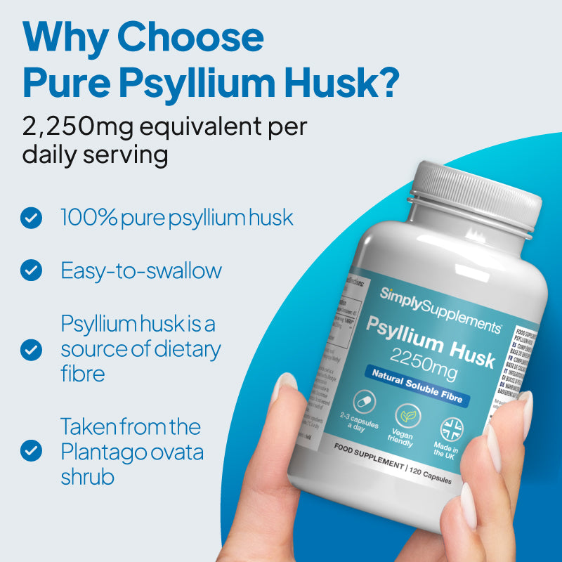 Bottle of Simply Supplements Psyllium Husk- Taken from the plantago ovata shrub