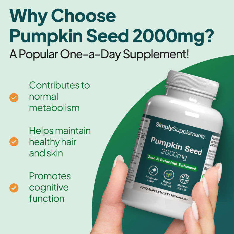 Pumpkin seed is a popular one-a-day supplement which helps maintain healthy hair and skin, whilst promoting cognitive functions