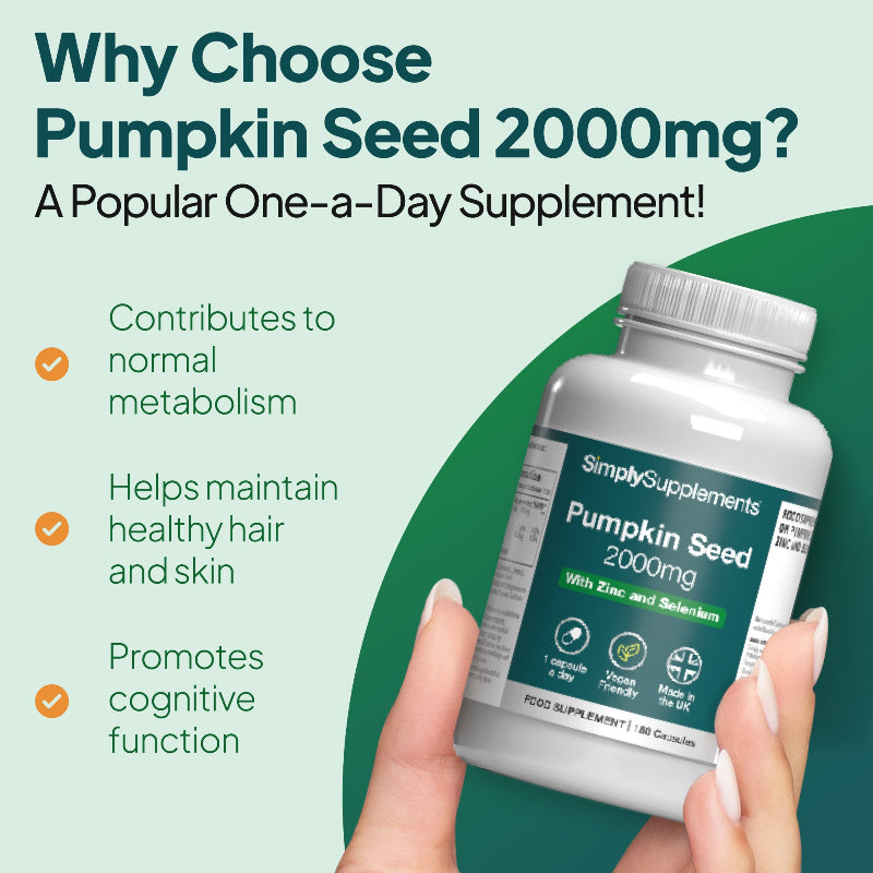 Pumpkin seed is a popular one-a-day supplement which helps maintain healthy hair and skin, whilst promoting cognitive functions