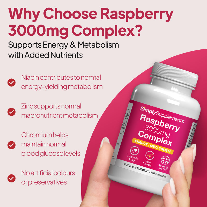 Why choose Raspberry Complex 3000mg? Supports energy & metabolism with added nutrients.